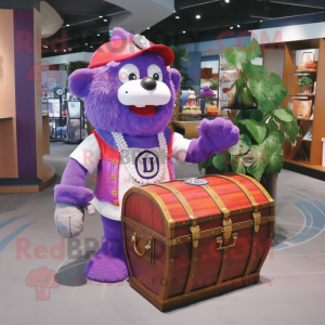 Purple Treasure Chest mascot costume character dressed with a Rash Guard and Tote bags