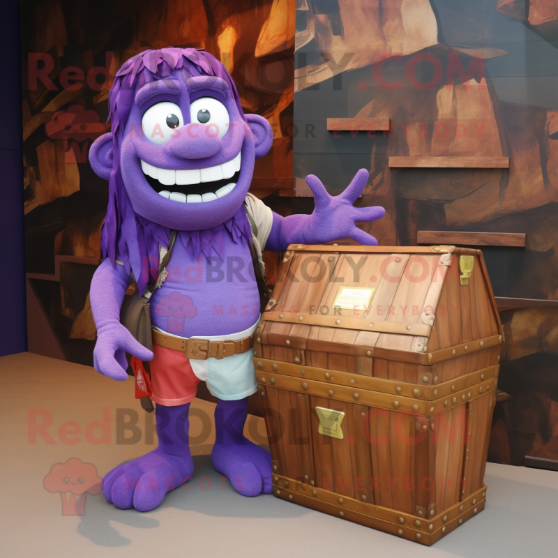 Purple Treasure Chest mascot costume character dressed with a Rash Guard and Tote bags