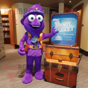 Purple Treasure Chest mascot costume character dressed with a Rash Guard and Tote bags