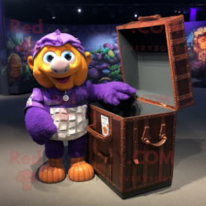 Purple Treasure Chest mascot costume character dressed with a Rash Guard and Tote bags