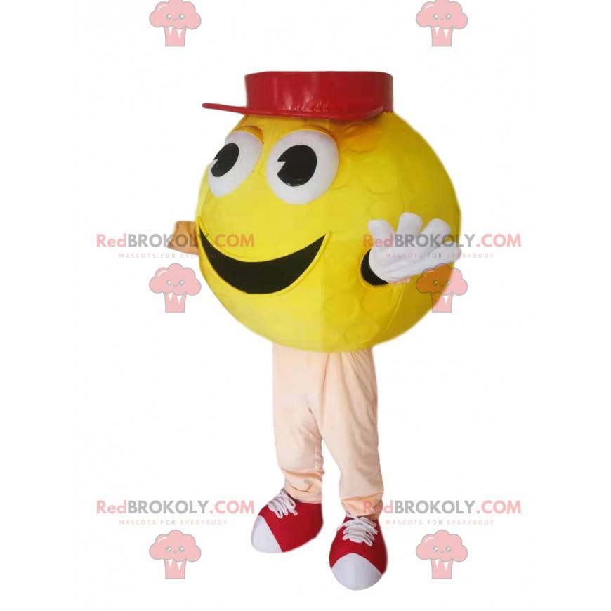 Mascote redondo amarelo do boneco de neve com boné vermelho -