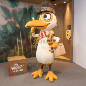 Beige Woodpecker mascot costume character dressed with a Bikini and Handbags