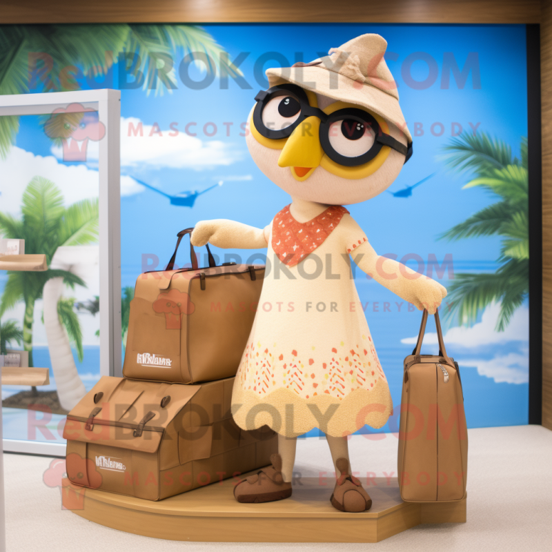 Beige Woodpecker mascot costume character dressed with a Bikini and Handbags