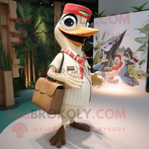 Beige Woodpecker mascot costume character dressed with a Bikini and Handbags