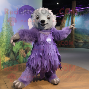 Lavender Sloth Bear mascot costume character dressed with a Empire Waist Dress and Anklets