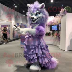 Lavender Wolf mascot costume character dressed with a Ball Gown and Rings