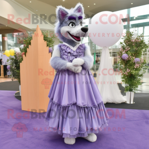 Lavender Wolf mascot costume character dressed with a Ball Gown and Rings