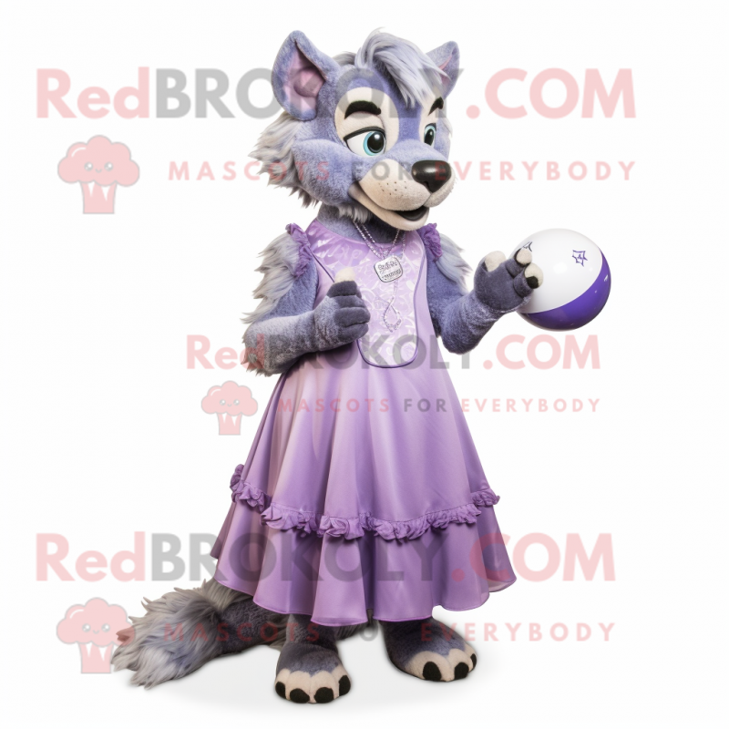 Lavender Wolf mascot costume character dressed with a Ball Gown and Rings