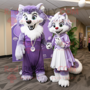 Lavender Wolf mascot costume character dressed with a Ball Gown and Rings