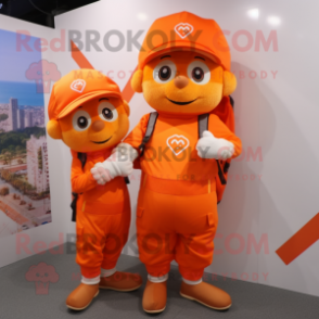 Orange Arrow Of Love mascot costume character dressed with a Overalls and Backpacks