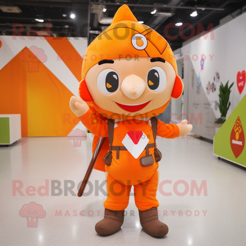 Orange Arrow Of Love mascot costume character dressed with a Overalls and Backpacks Orange Arrow Of Love mascot costume character dressed with a Overalls and Backpacks