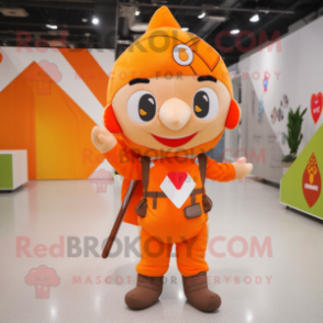 Orange Arrow Of Love mascot costume character dressed with a Overalls and Backpacks