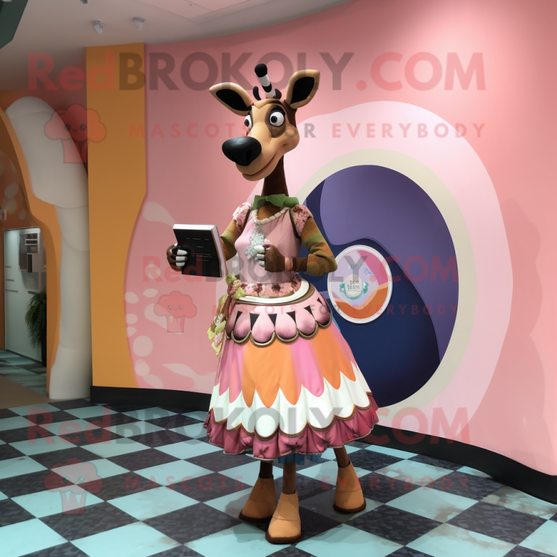 Peach Okapi mascot costume character dressed with a Circle Skirt and Clutch bags