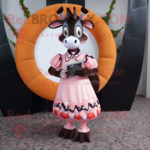 Peach Okapi mascot costume character dressed with a Circle Skirt and Clutch bags