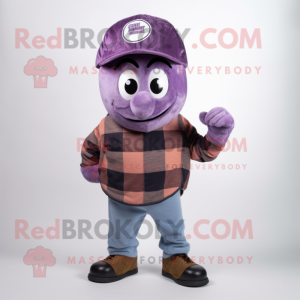 Purple Grenade mascot costume character dressed with a Flannel Shirt and Caps