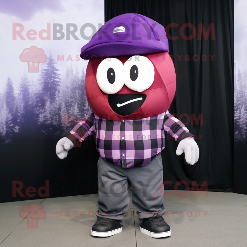 Purple Grenade mascot costume character dressed with a Flannel Shirt and Caps Purple Grenade mascot costume character dressed with a Flannel Shirt and Caps
