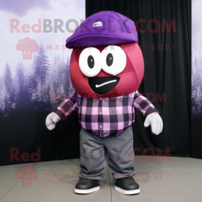 Purple Grenade mascot costume character dressed with a Flannel Shirt and Caps