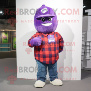 Purple Grenade mascot costume character dressed with a Flannel Shirt and Caps