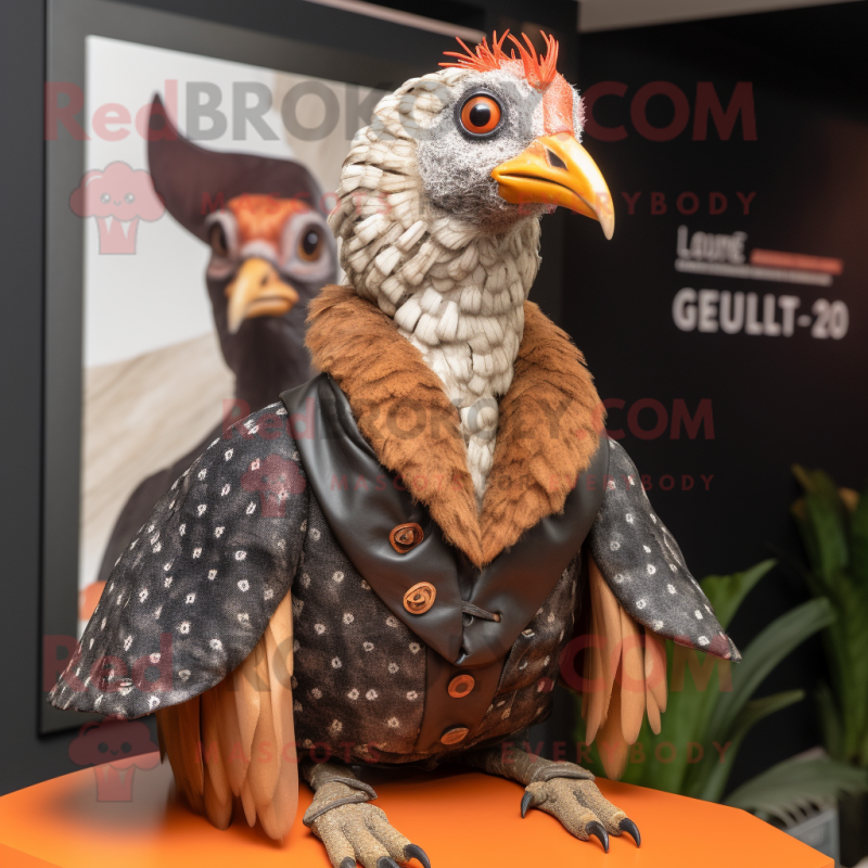Rust Guinea Fowl mascot costume character dressed with a Jacket and Bracelets Rust Guinea Fowl mascot costume character dressed with a Jacket and Bracelets
