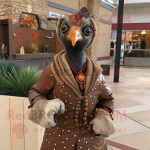 Rust Guinea Fowl mascot costume character dressed with a Jacket and Bracelets