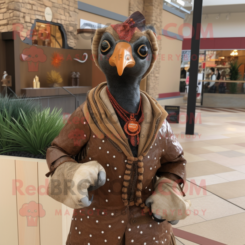 Rust Guinea Fowl mascot costume character dressed with a Jacket and Bracelets Rust Guinea Fowl mascot costume character dressed with a Jacket and Bracelets