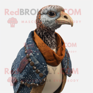 Rust Guinea Fowl mascot costume character dressed with a Jacket and Bracelets