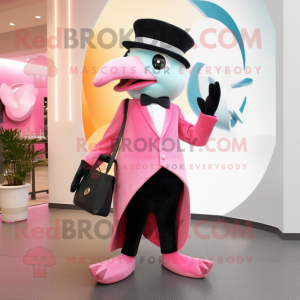 Pink Dolphin mascot costume character dressed with a Tuxedo and Handbags