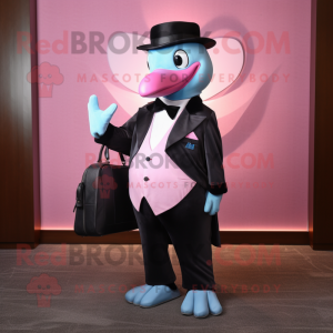 Pink Dolphin mascot costume character dressed with a Tuxedo and Handbags