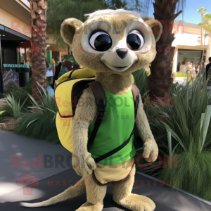 Forest Green Meerkat mascot costume character dressed with a Board Shorts and Backpacks