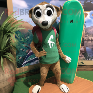 Forest Green Meerkat mascot costume character dressed with a Board Shorts and Backpacks