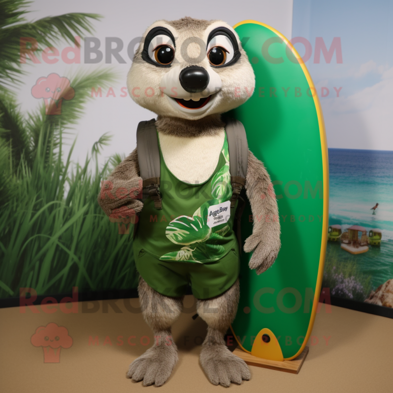 Forest Green Meerkat mascot costume character dressed with a Board Shorts and Backpacks