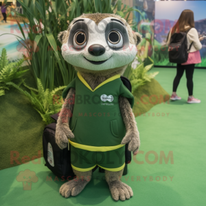 Forest Green Meerkat mascot costume character dressed with a Board Shorts and Backpacks