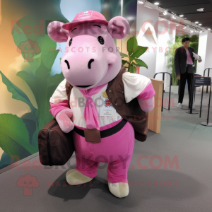 Pink Tapir mascot costume character dressed with a Waistcoat and Messenger bags