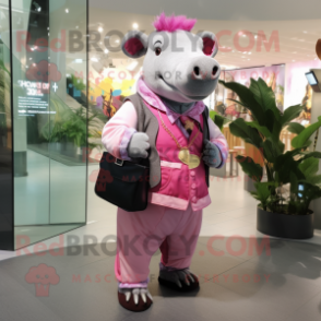 Pink Tapir mascot costume character dressed with a Waistcoat and Messenger bags