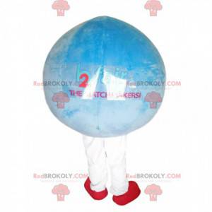 Mascote balão redondo azul celeste muito sorridente -