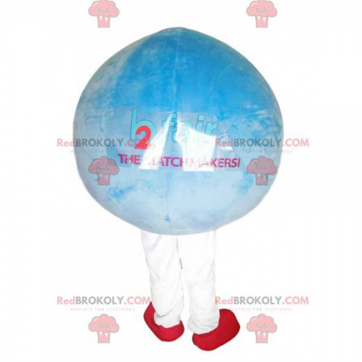 Mascote balão redondo azul celeste muito sorridente -