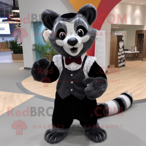 Black Civet mascot costume character dressed with a A-Line Skirt and Bow ties