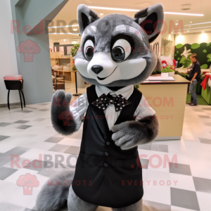 Black Civet mascot costume character dressed with a A-Line Skirt and Bow ties