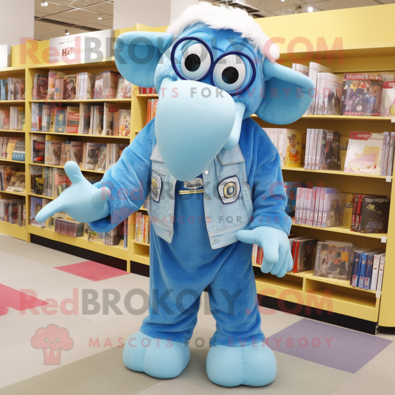 Sky Blue Mammoth mascot costume character dressed with a Dungarees and Reading glasses