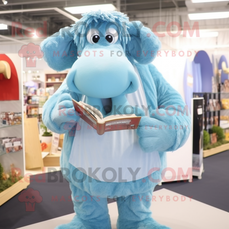 Sky Blue Mammoth mascot costume character dressed with a Dungarees and Reading glasses