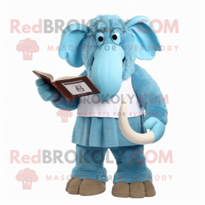 Sky Blue Mammoth mascot costume character dressed with a Dungarees and Reading glasses