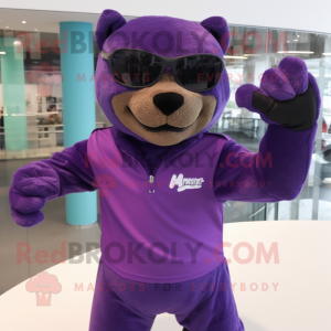 Purple Jaguarundi mascot costume character dressed with a Long Sleeve Tee and Sunglasses