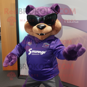 Purple Jaguarundi mascot costume character dressed with a Long Sleeve Tee and Sunglasses