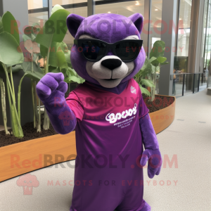 Purple Jaguarundi mascot costume character dressed with a Long Sleeve Tee and Sunglasses