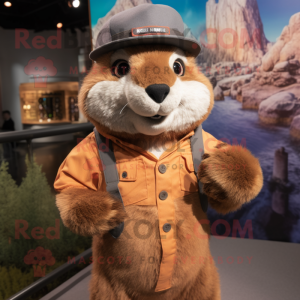 Rust Marmot mascot costume character dressed with a Romper and Hat pins