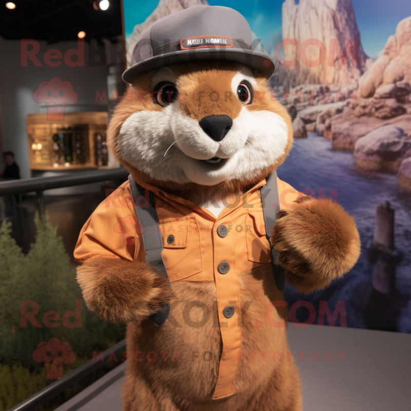 Rust Marmot mascot costume character dressed with a Romper and Hat pins Rust Marmot mascot costume character dressed with a Romper and Hat pins