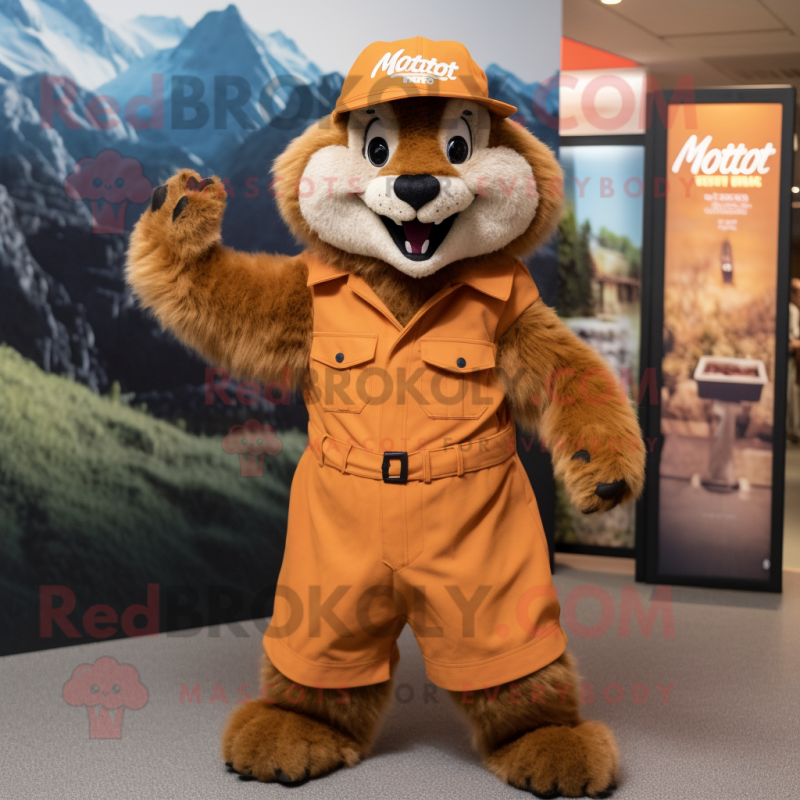Rust Marmot mascot costume character dressed with a Romper and Hat pins Rust Marmot mascot costume character dressed with a Romper and Hat pins