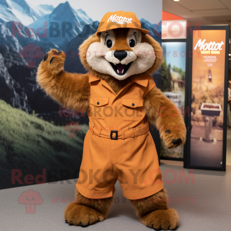 Rust Marmot mascot costume character dressed with a Romper and Hat pins