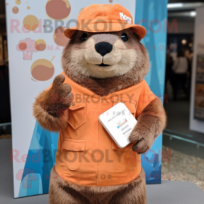 Rust Marmot mascot costume character dressed with a Romper and Hat pins