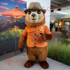 Rust Marmot mascot costume character dressed with a Romper and Hat pins